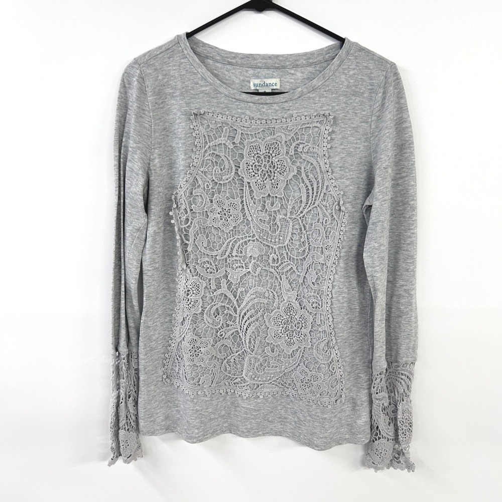 Sundance Floral Guipure Lace Overlay Top Medium Heather Gray Boho Cottagecore